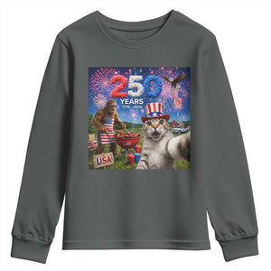 Cat Selfie with Bigfoot USA 250 Years Youth Sweatshirt Funny 4th Of July Cat Graphic TS11 Dark Heather Print Your Wear