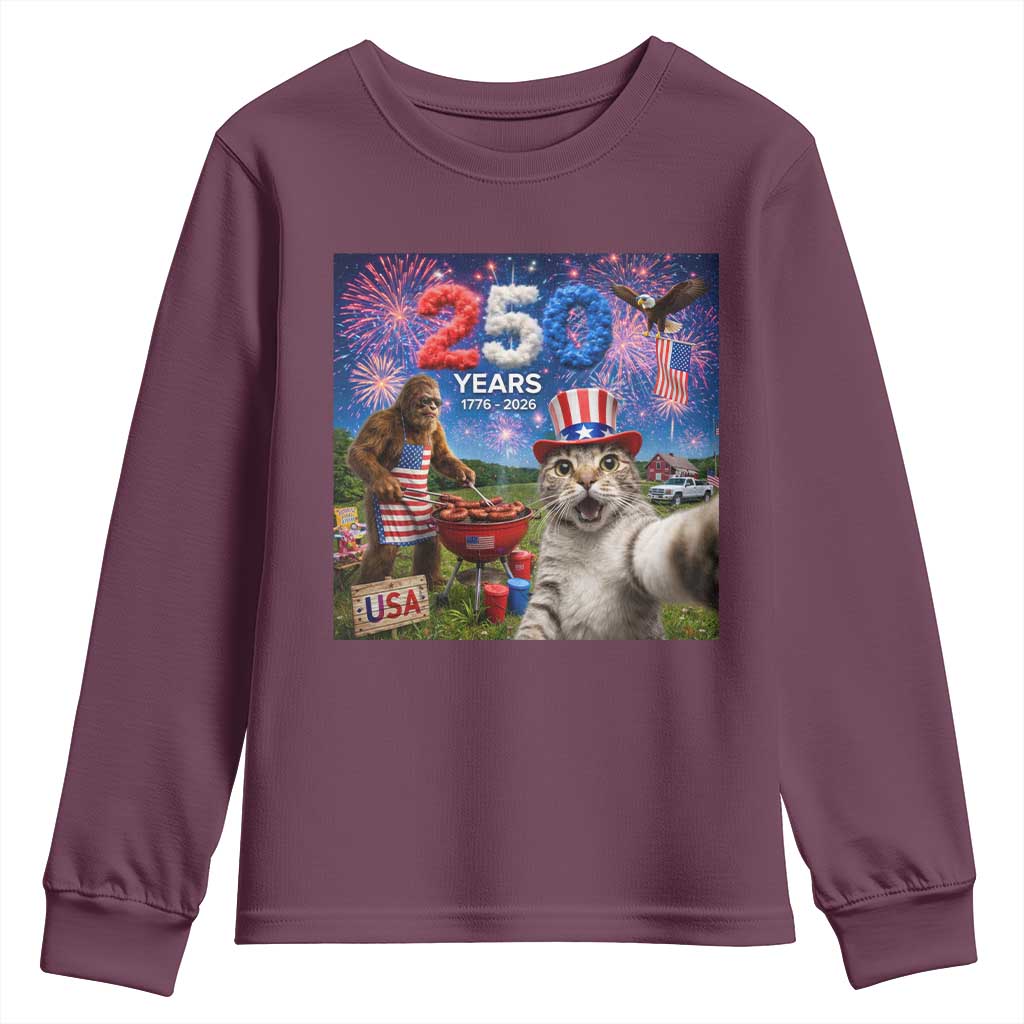 Cat Selfie with Bigfoot USA 250 Years Youth Sweatshirt Funny 4th Of July Cat Graphic TS11 Maroon Print Your Wear