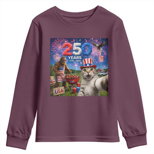 Cat Selfie with Bigfoot USA 250 Years Youth Sweatshirt Funny 4th Of July Cat Graphic TS11 Maroon Print Your Wear