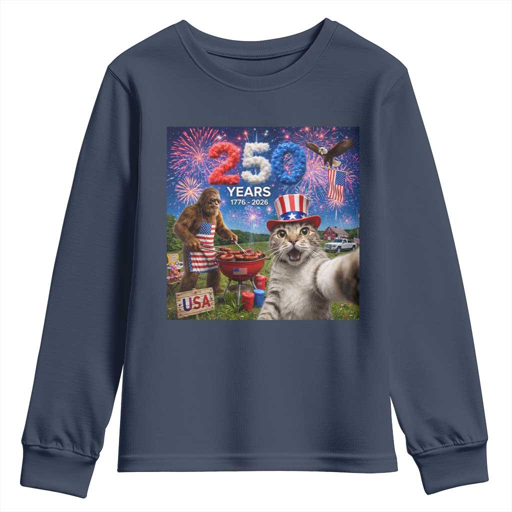 Cat Selfie with Bigfoot USA 250 Years Youth Sweatshirt Funny 4th Of July Cat Graphic TS11 Navy Print Your Wear