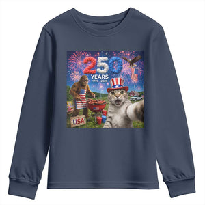Cat Selfie with Bigfoot USA 250 Years Youth Sweatshirt Funny 4th Of July Cat Graphic TS11 Navy Print Your Wear