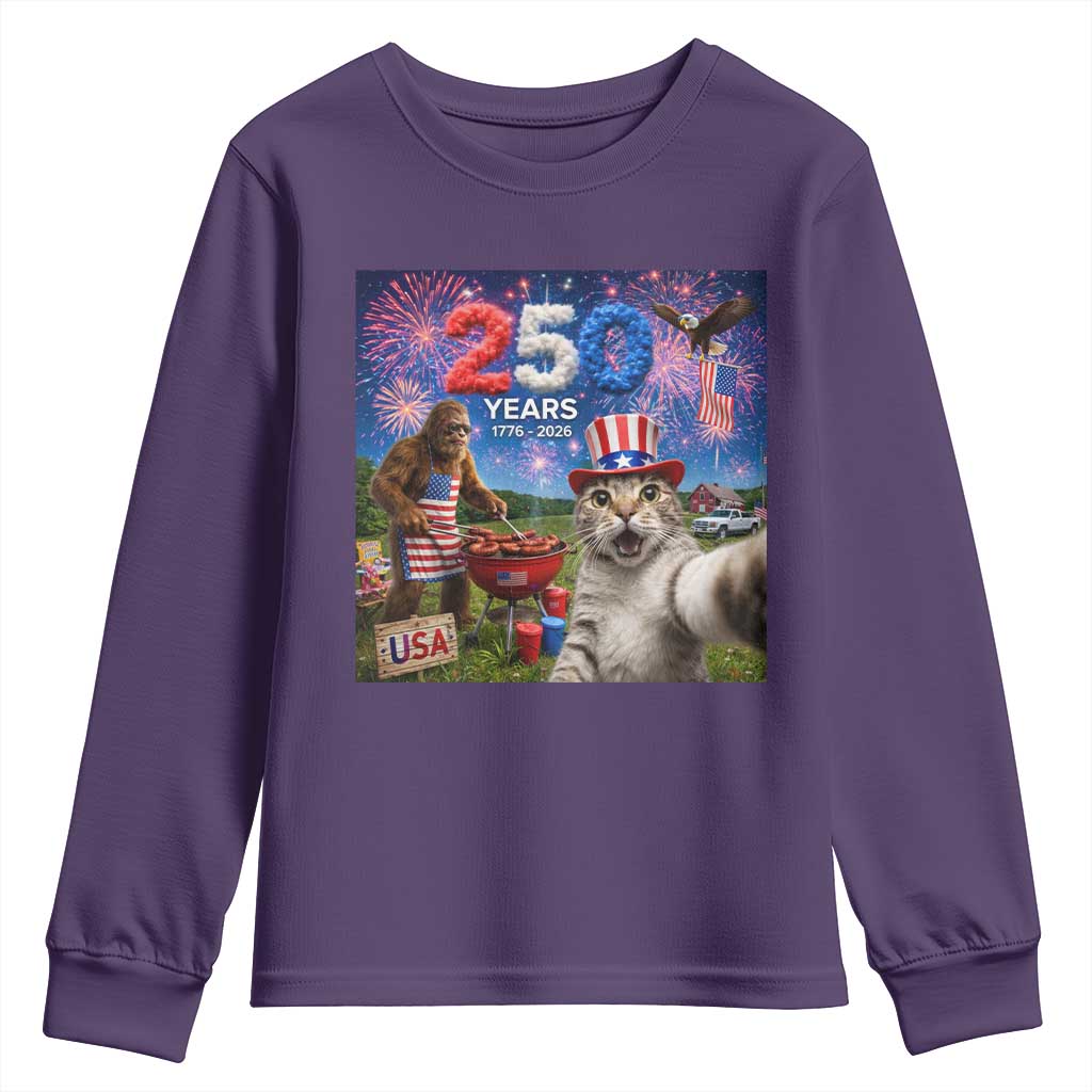 Cat Selfie with Bigfoot USA 250 Years Youth Sweatshirt Funny 4th Of July Cat Graphic TS11 Purple Print Your Wear