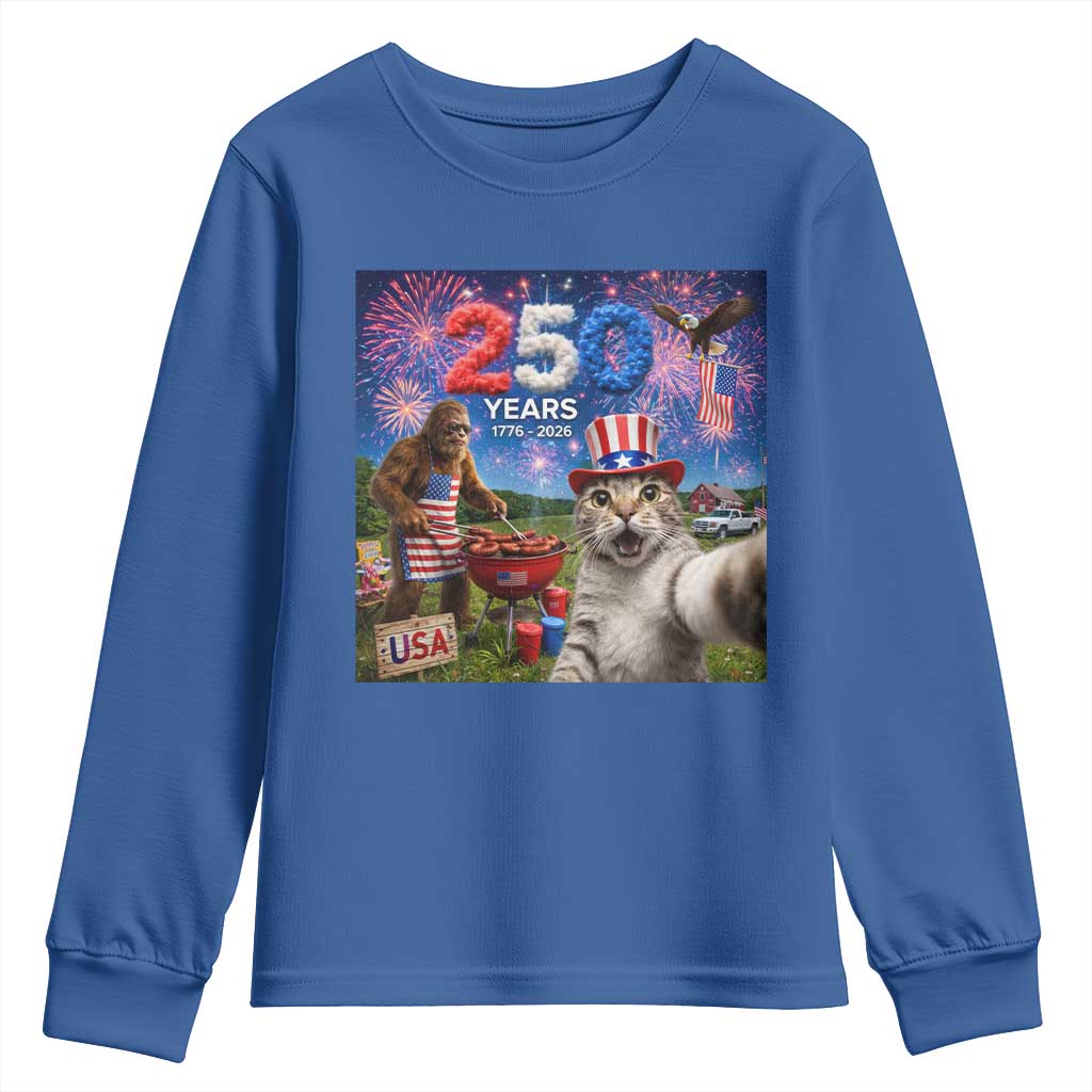 Cat Selfie with Bigfoot USA 250 Years Youth Sweatshirt Funny 4th Of July Cat Graphic TS11 Royal Blue Print Your Wear