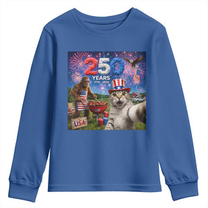 Cat Selfie with Bigfoot USA 250 Years Youth Sweatshirt Funny 4th Of July Cat Graphic TS11 Royal Blue Print Your Wear