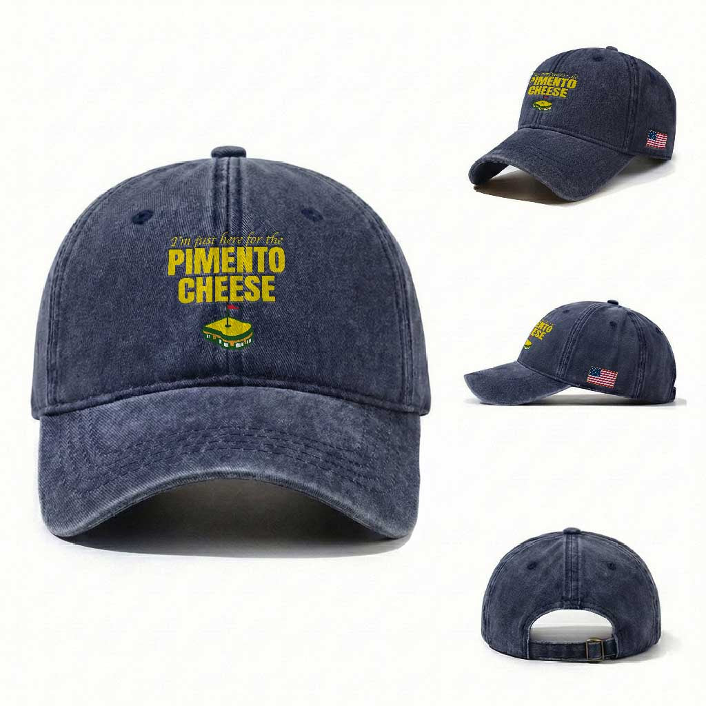 I'm Just Here For The Pimento Cheese Washed Cotton Baseball Cap Funny Golf Foodie TS11 Washed Cap Universal Fit Navy Print Your Wear