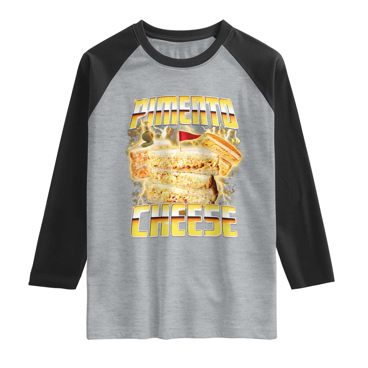 Pimento Cheese Raglan Shirt Funny Cheesemonger Cheese Lovers Bootleg Art TS11 Heather Gray Black Print Your Wear
