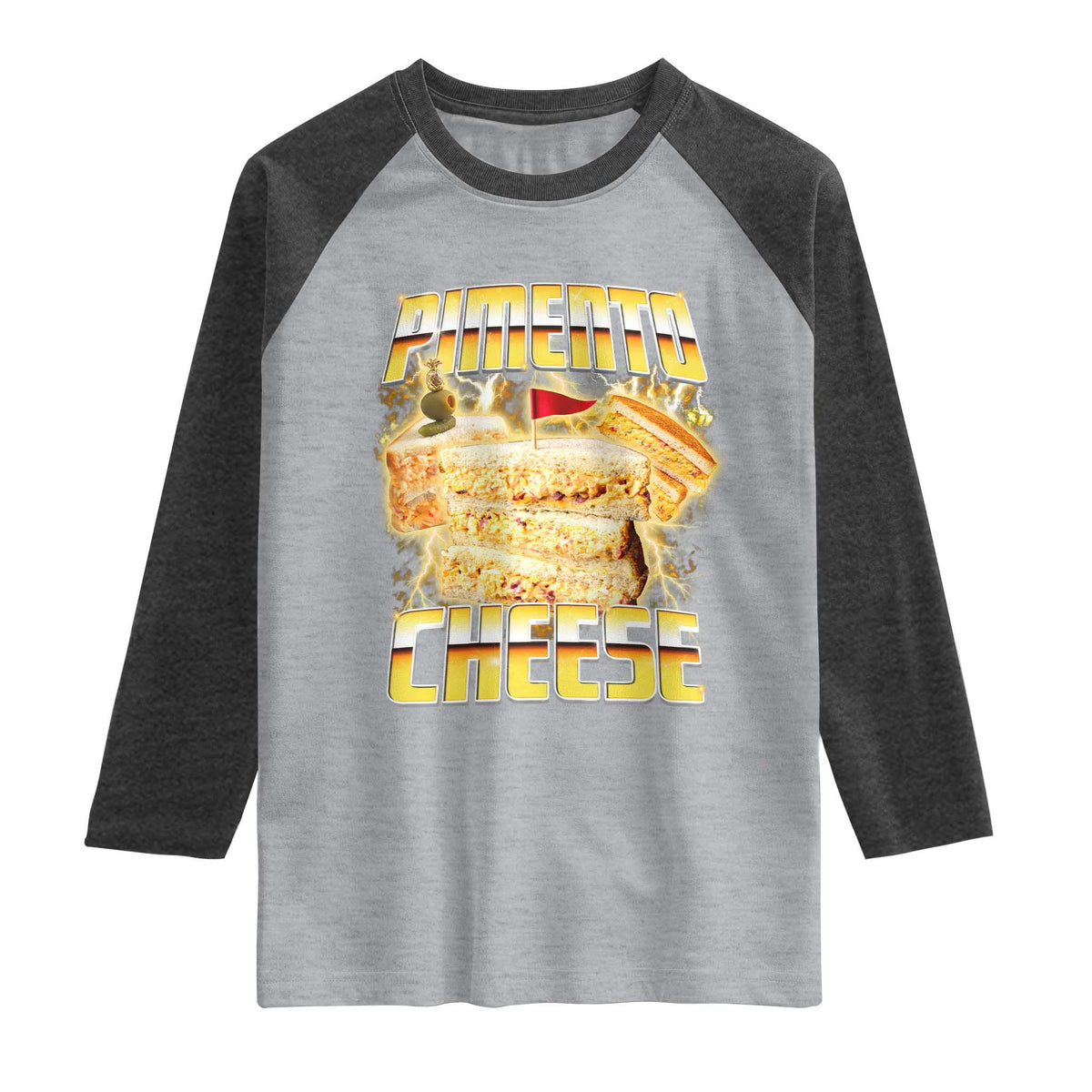 Pimento Cheese Raglan Shirt Funny Cheesemonger Cheese Lovers Bootleg Art TS11 Heather Gray Heather Charcoal Print Your Wear