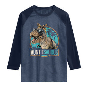 Auntiesaurus Funny Dinosaur Aunt Raglan Shirt Family Matching TS11 Heather Denim Navy Print Your Wear