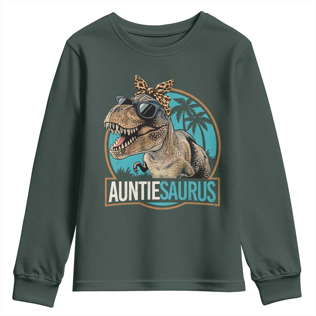 Auntiesaurus Funny Dinosaur Aunt Youth Sweatshirt Family Matching TS11 Dark Forest Green Print Your Wear