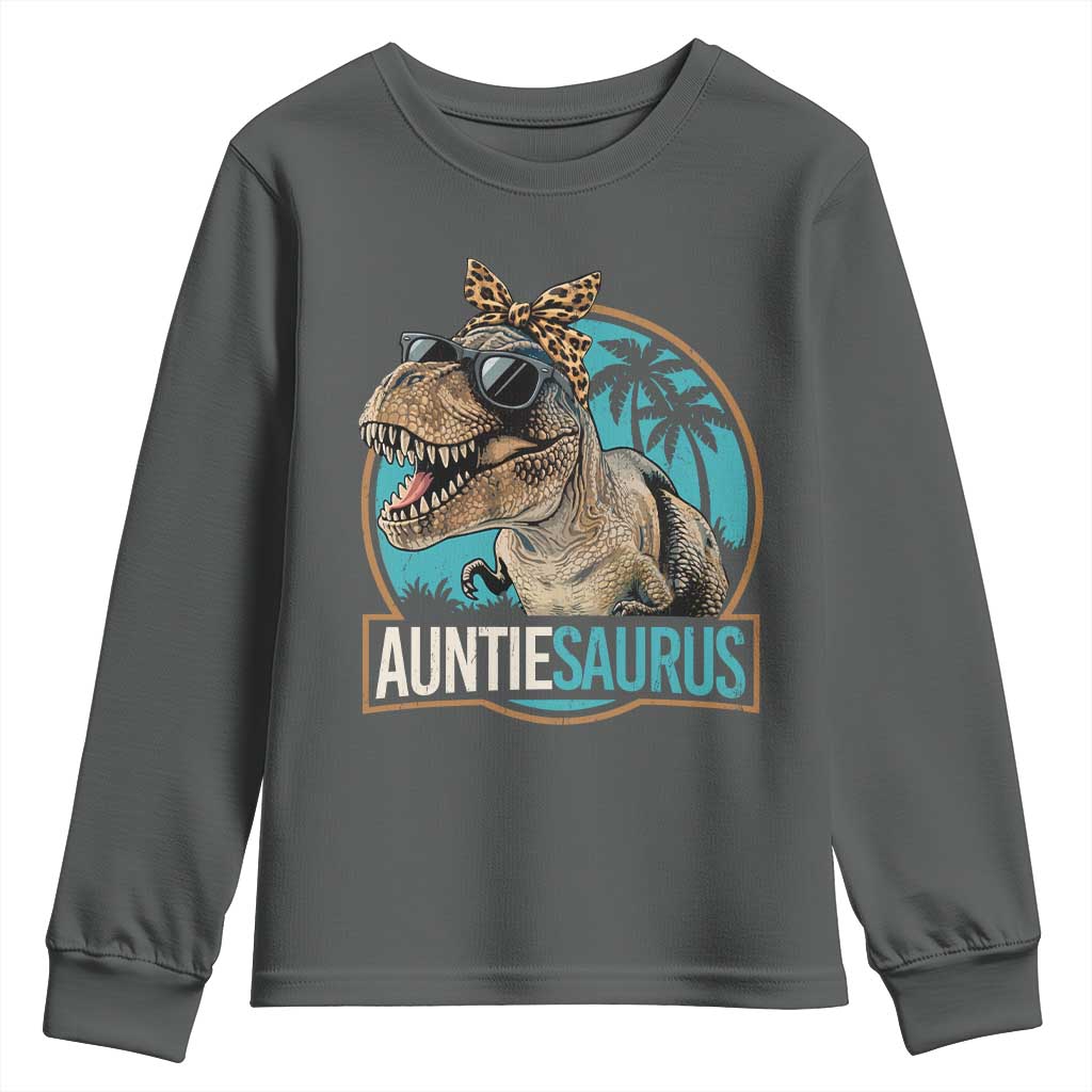 Auntiesaurus Funny Dinosaur Aunt Youth Sweatshirt Family Matching TS11 Dark Heather Print Your Wear