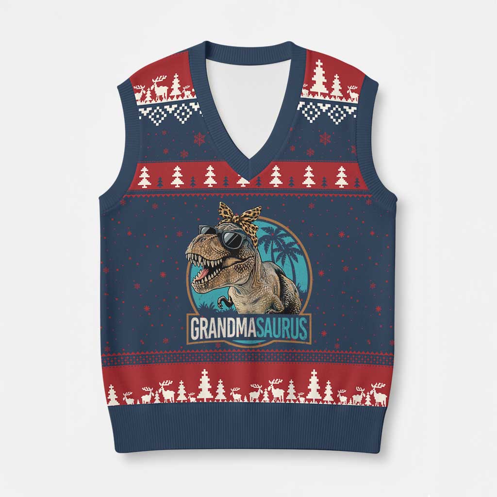 Grandmasaurus Funny Dinosaur Grandma V-Neck Knit Sweater Vest Family Matching TS11 Navy Red Print Your Wear