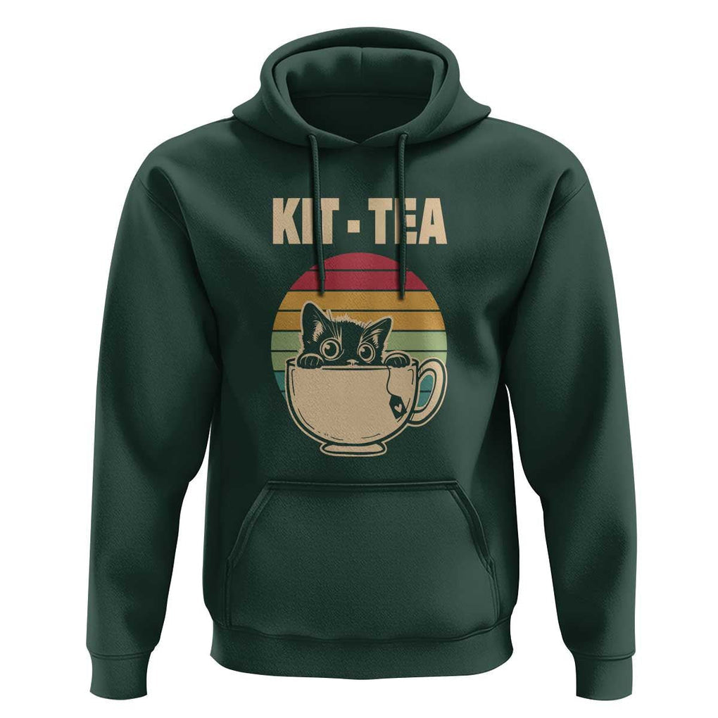 Funny Kitten Hoodie Kit Tea Pun Cute Black Cat Retro Tea Cup TS11 Dark Forest Green Print Your Wear