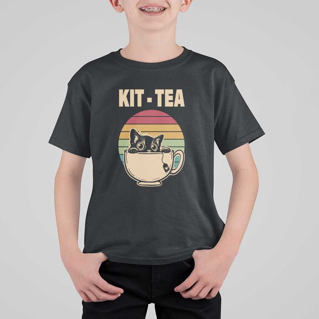 Funny Kitten T Shirt For Kid Kit Tea Pun Cute Black Cat Retro Tea Cup TS11 Black Print Your Wear