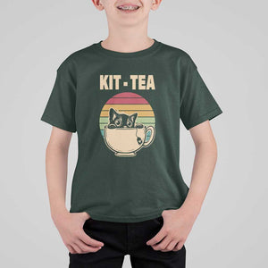 Funny Kitten T Shirt For Kid Kit Tea Pun Cute Black Cat Retro Tea Cup TS11 Dark Forest Green Print Your Wear