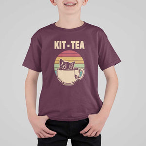 Funny Kitten T Shirt For Kid Kit Tea Pun Cute Black Cat Retro Tea Cup TS11 Maroon Print Your Wear