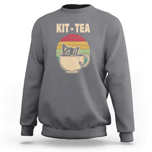 Funny Kitten Sweatshirt Kit Tea Pun Cute Black Cat Retro Tea Cup TS11 Charcoal Print Your Wear