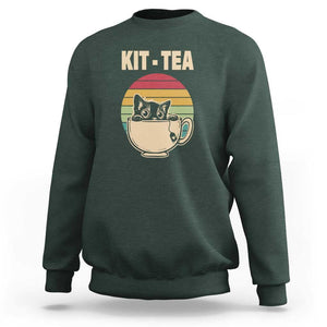 Funny Kitten Sweatshirt Kit Tea Pun Cute Black Cat Retro Tea Cup TS11 Dark Forest Green Print Your Wear