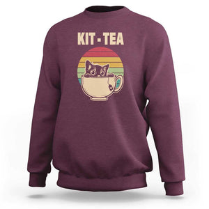 Funny Kitten Sweatshirt Kit Tea Pun Cute Black Cat Retro Tea Cup TS11 Maroon Print Your Wear