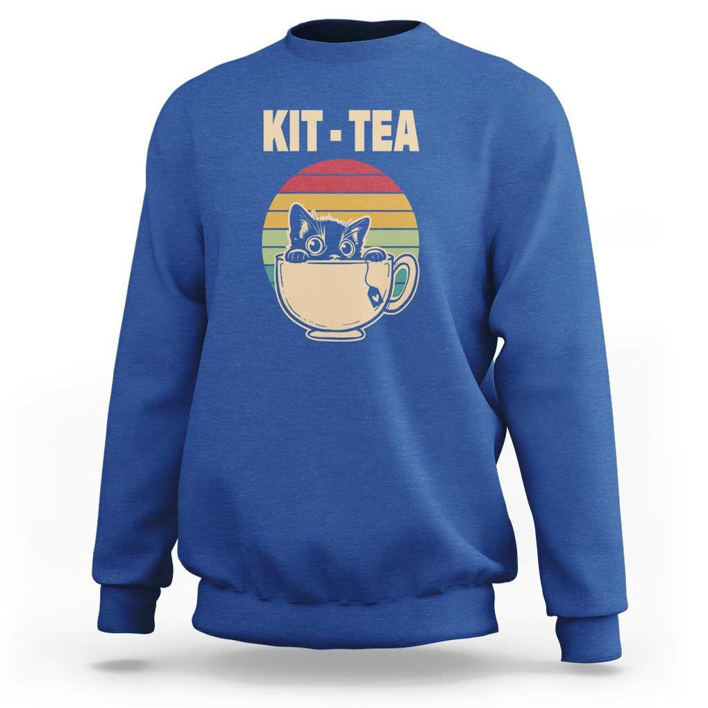 Funny Kitten Sweatshirt Kit Tea Pun Cute Black Cat Retro Tea Cup TS11 Royal Blue Print Your Wear