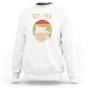 Funny Kitten Sweatshirt Kit Tea Pun Cute Black Cat Retro Tea Cup TS11 White Print Your Wear