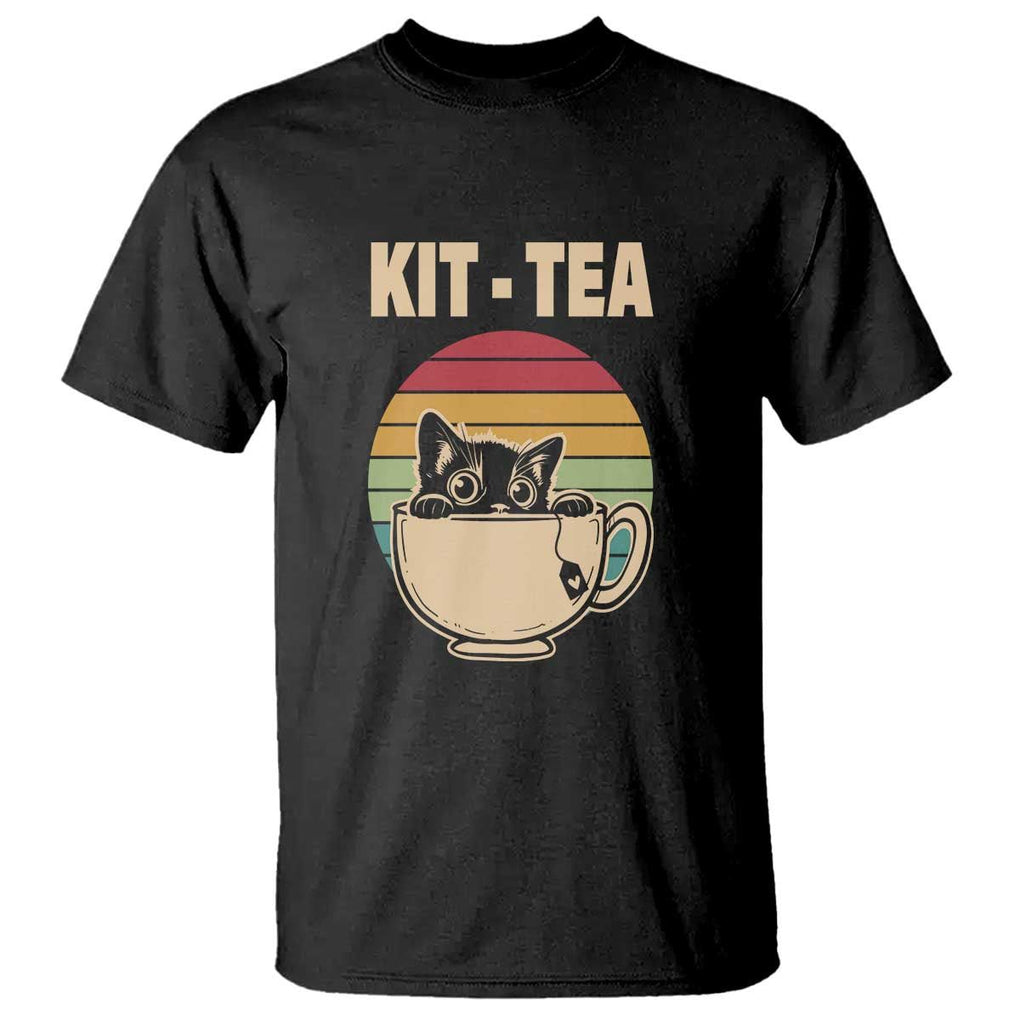 Funny Kitten T Shirt Kit Tea Pun Cute Black Cat Retro Tea Cup TS11 Black Print Your Wear