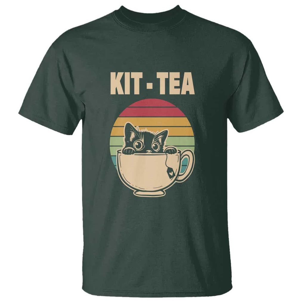 Funny Kitten T Shirt Kit Tea Pun Cute Black Cat Retro Tea Cup TS11 Dark Forest Green Print Your Wear
