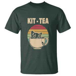 Funny Kitten T Shirt Kit Tea Pun Cute Black Cat Retro Tea Cup TS11 Dark Forest Green Print Your Wear