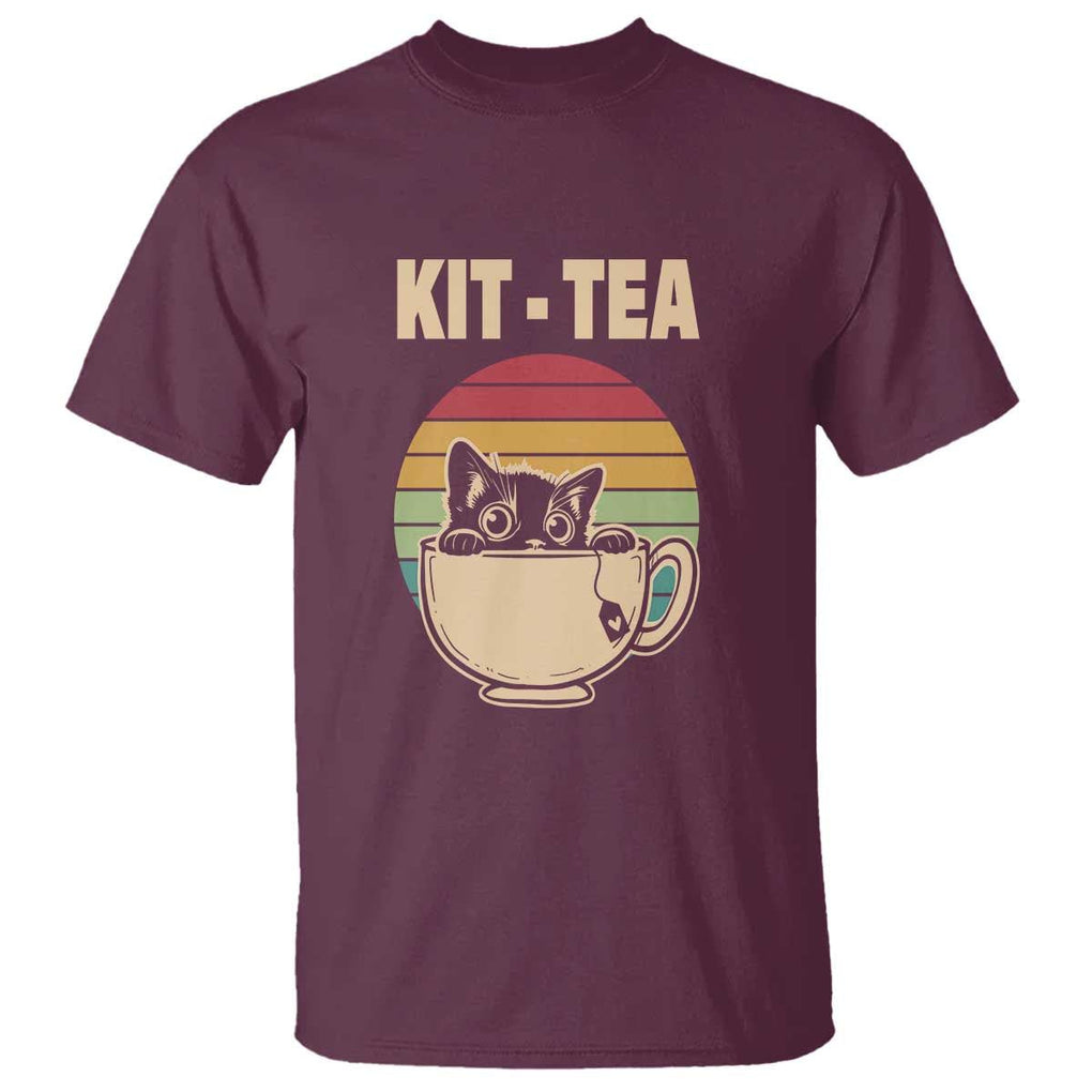 Funny Kitten T Shirt Kit Tea Pun Cute Black Cat Retro Tea Cup TS11 Maroon Print Your Wear
