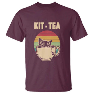 Funny Kitten T Shirt Kit Tea Pun Cute Black Cat Retro Tea Cup TS11 Maroon Print Your Wear