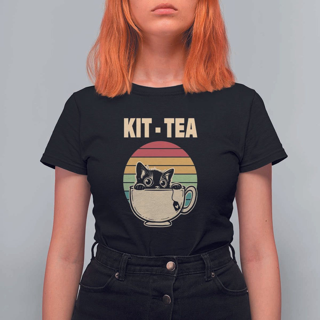 Funny Kitten T Shirt For Women Kit Tea Pun Cute Black Cat Retro Tea Cup TS11 Black Print Your Wear
