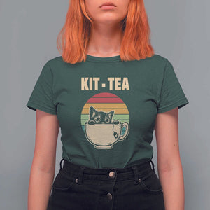Funny Kitten T Shirt For Women Kit Tea Pun Cute Black Cat Retro Tea Cup TS11 Dark Forest Green Print Your Wear