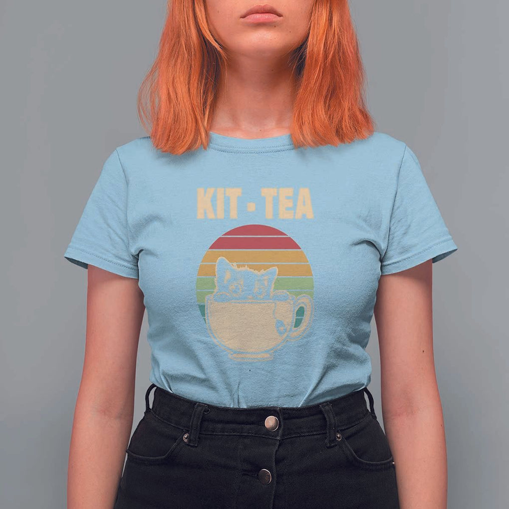 Funny Kitten T Shirt For Women Kit Tea Pun Cute Black Cat Retro Tea Cup TS11 Light Blue Print Your Wear