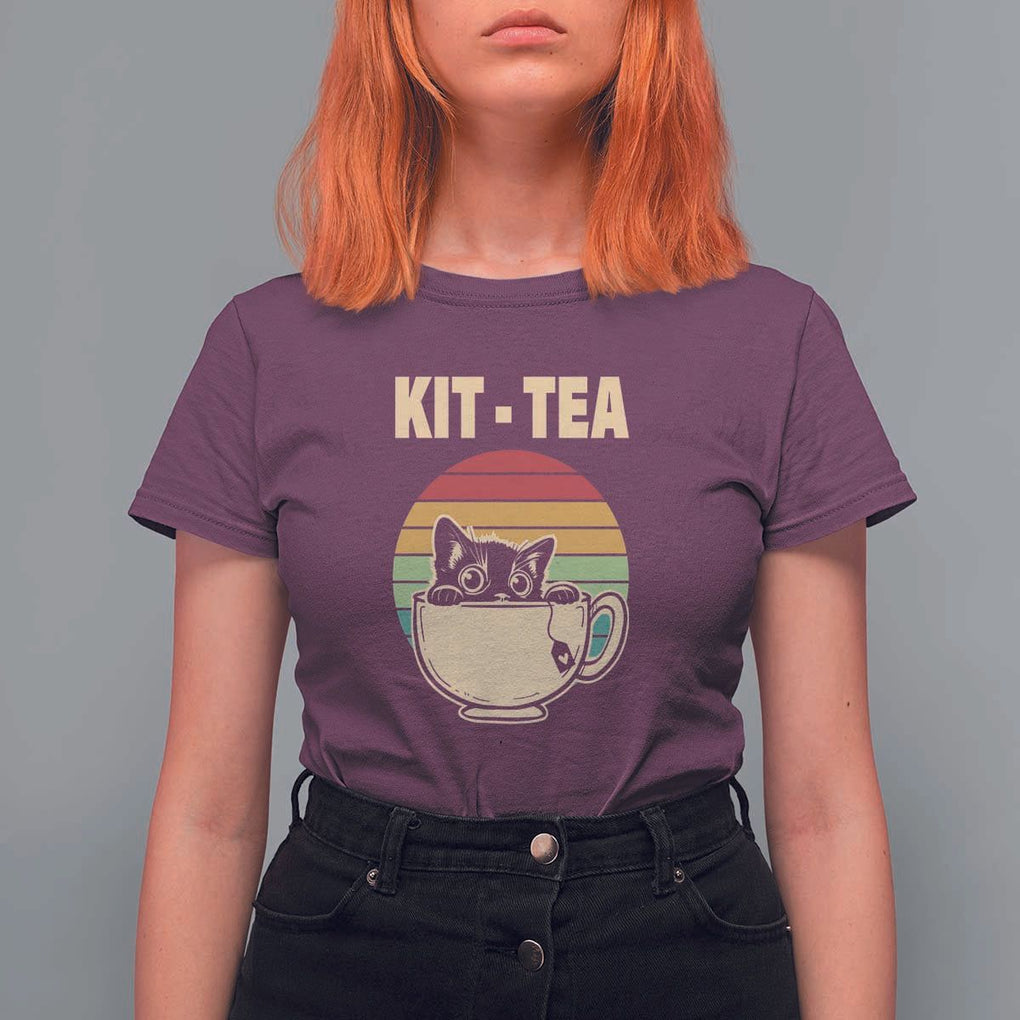 Funny Kitten T Shirt For Women Kit Tea Pun Cute Black Cat Retro Tea Cup TS11 Maroon Print Your Wear