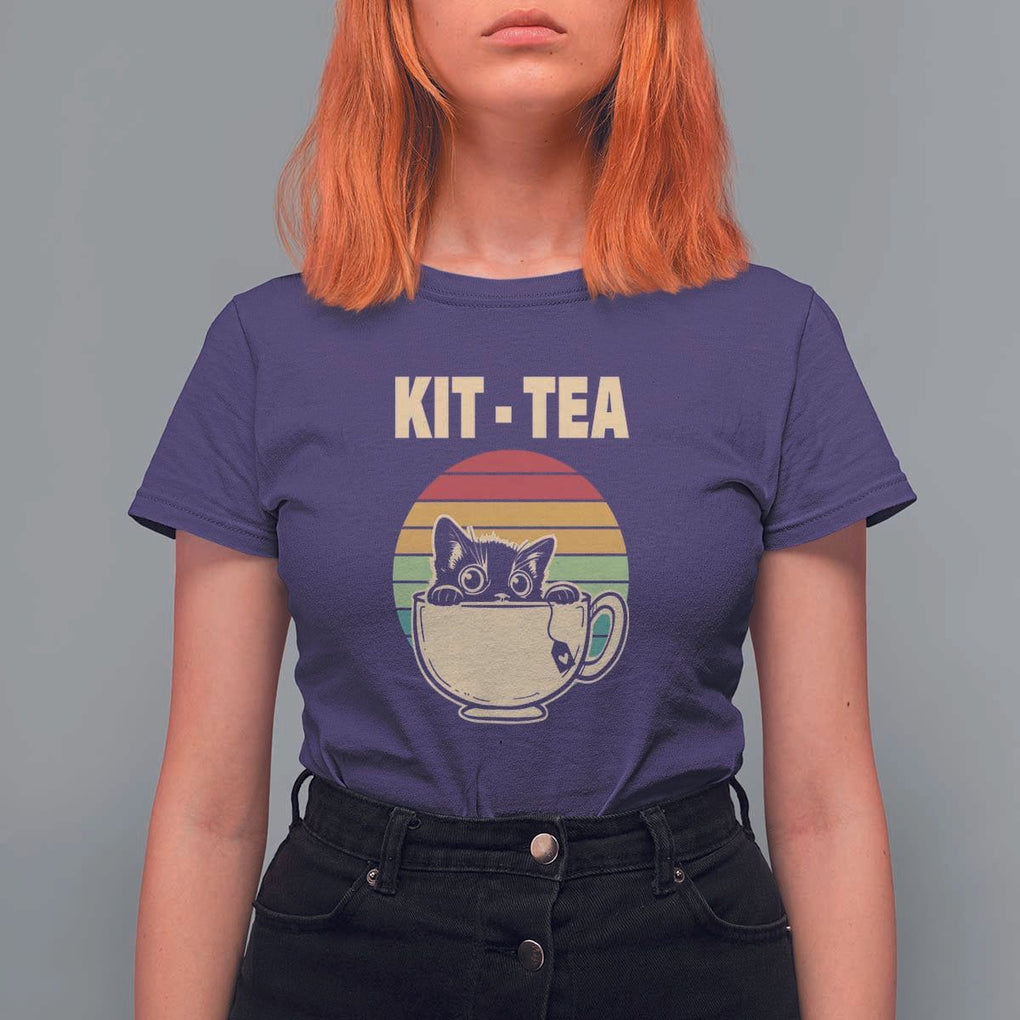 Funny Kitten T Shirt For Women Kit Tea Pun Cute Black Cat Retro Tea Cup TS11 Purple Print Your Wear