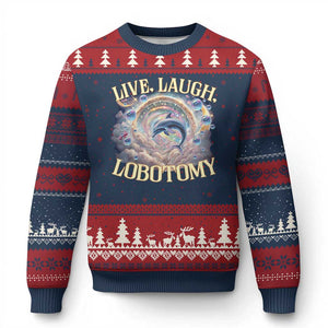Funny Live Laugh Lobotomy Ugly Christmas Sweater Dolphin Meme Silly Unhinged Joke - Print Your Wear