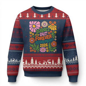 Schools Out Forever Retirement 2026 Ugly Christmas Sweater Retired Teacher Summer Retro Floral TS11 Navy Red Print Your Wear