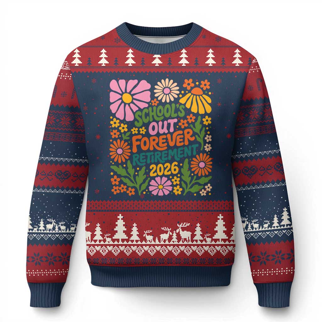Schools Out Forever Retirement 2026 Ugly Christmas Sweater Retired Teacher Summer Retro Floral TS11 Navy Red Print Your Wear