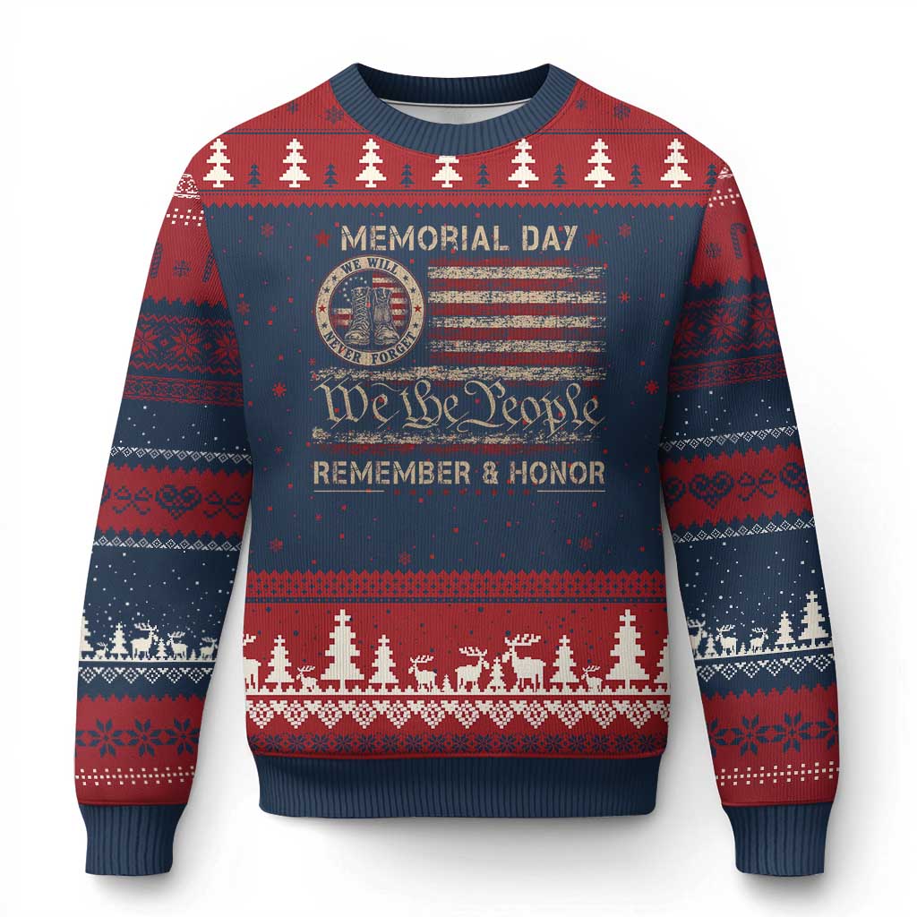 Memorial Day Ugly Christmas Sweater Remember And Honor Red Poppy Flower Military Veteran TS11 Navy Red Print Your Wear