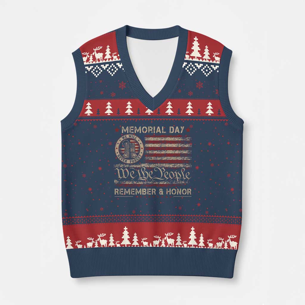 Memorial Day V-Neck Knit Sweater Vest Remember And Honor Red Poppy Flower Military Veteran TS11 Navy Red Print Your Wear