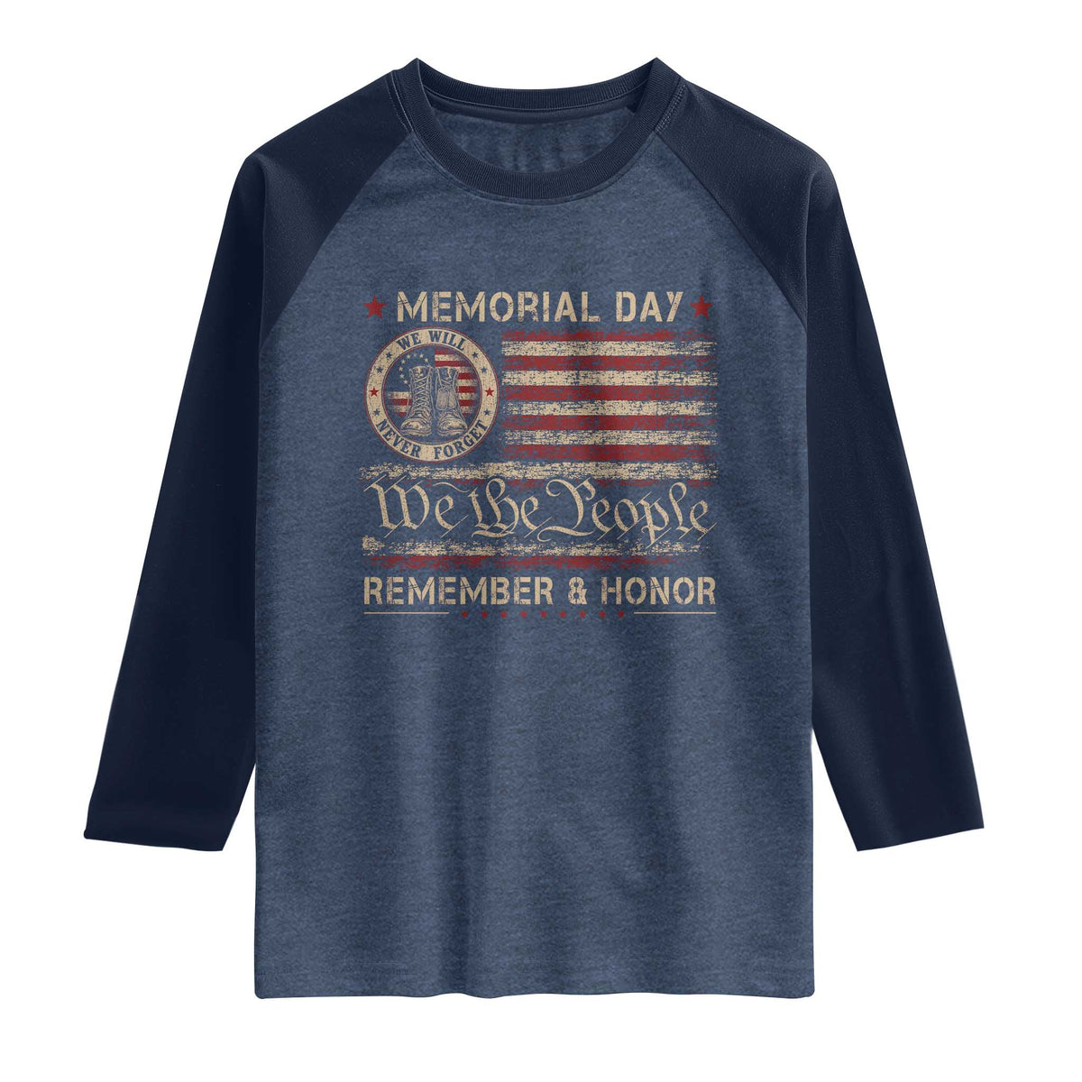 Memorial Day Raglan Shirt Remember And Honor Red Poppy Flower Military Veteran TS11 Heather Denim Navy Print Your Wear