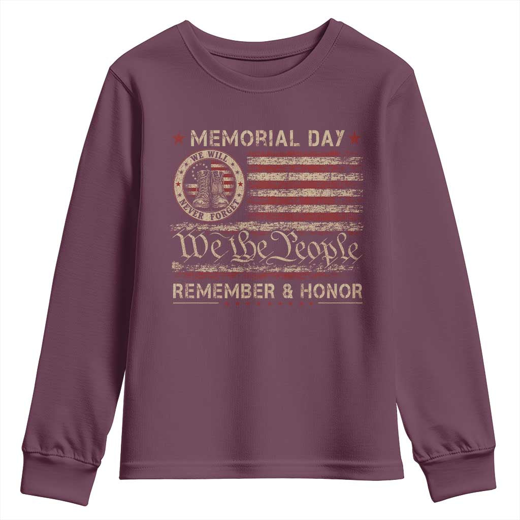 Memorial Day Youth Sweatshirt Remember And Honor Red Poppy Flower Military Veteran TS11 Maroon Print Your Wear