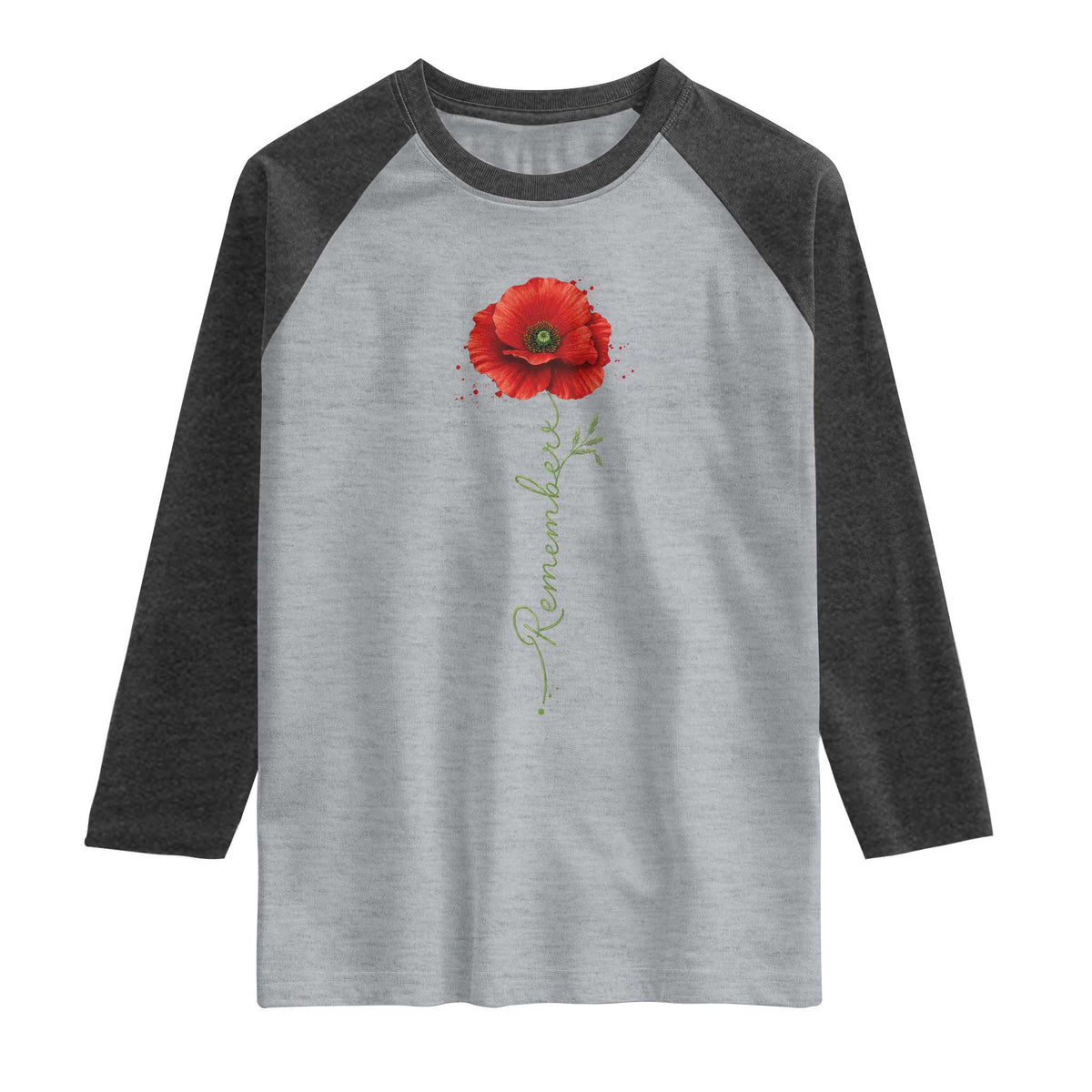 Remember Memorial Day Red Poppy Veteran Military Army Raglan Shirt TS11 Heather Gray Heather Charcoal Print Your Wear