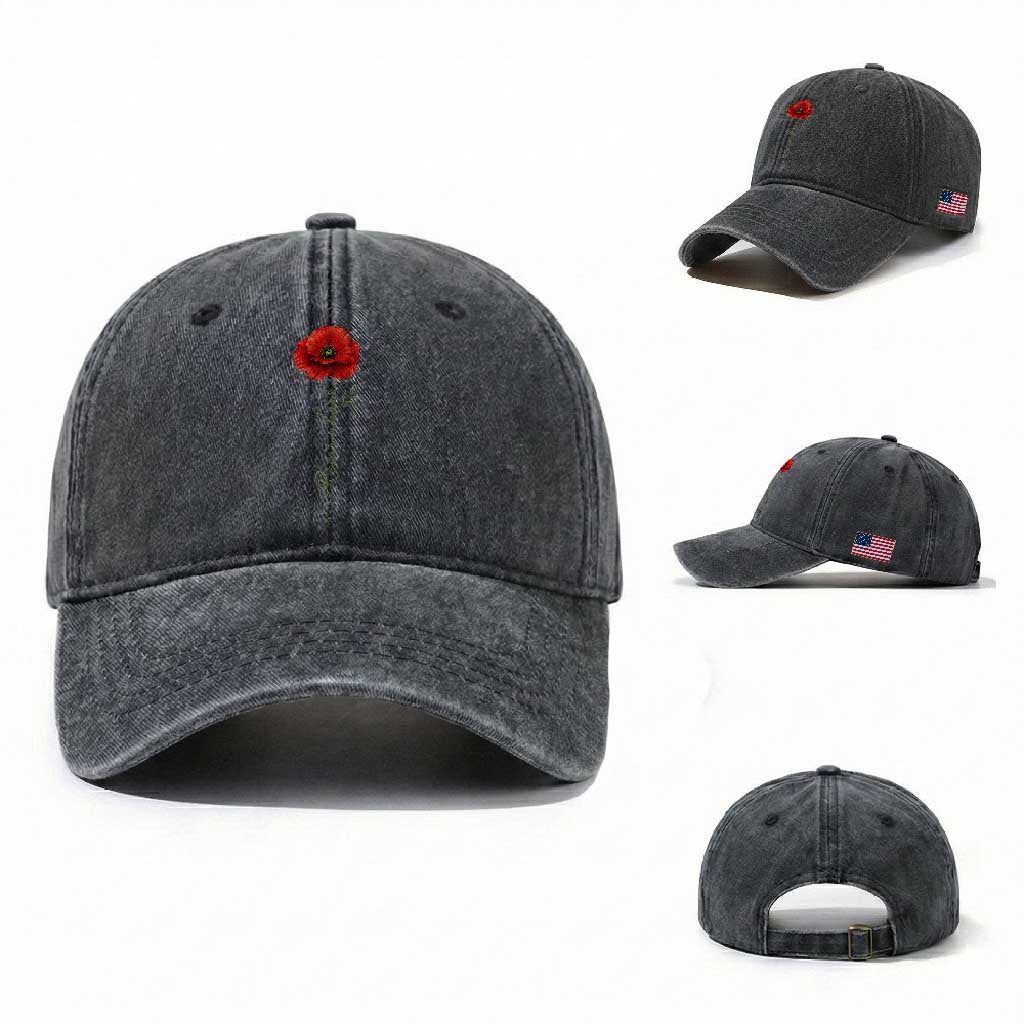 Remember Memorial Day Red Poppy Veteran Military Army Washed Cotton Baseball Cap TS11 Washed Cap Universal Fit Dark Gray Print Your Wear