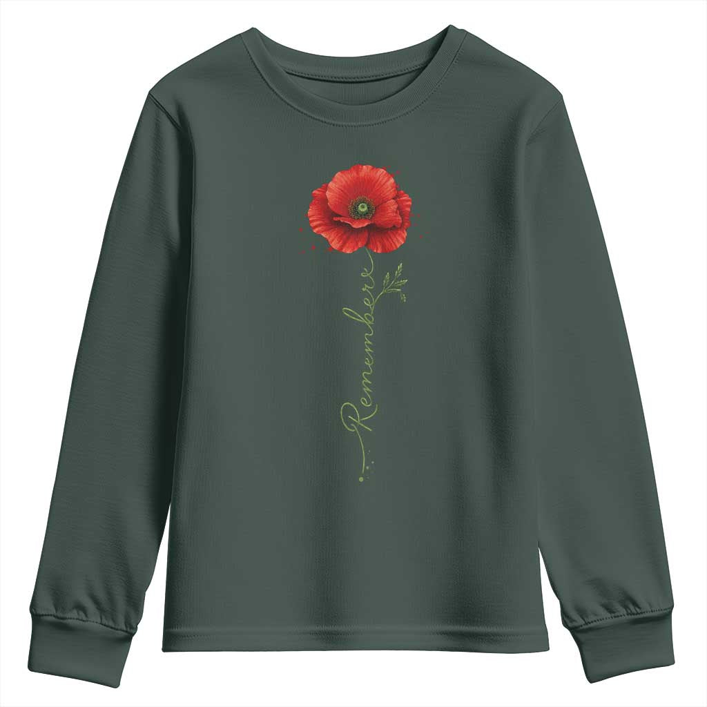 Remember Memorial Day Red Poppy Veteran Military Army Youth Sweatshirt TS11 Dark Forest Green Print Your Wear