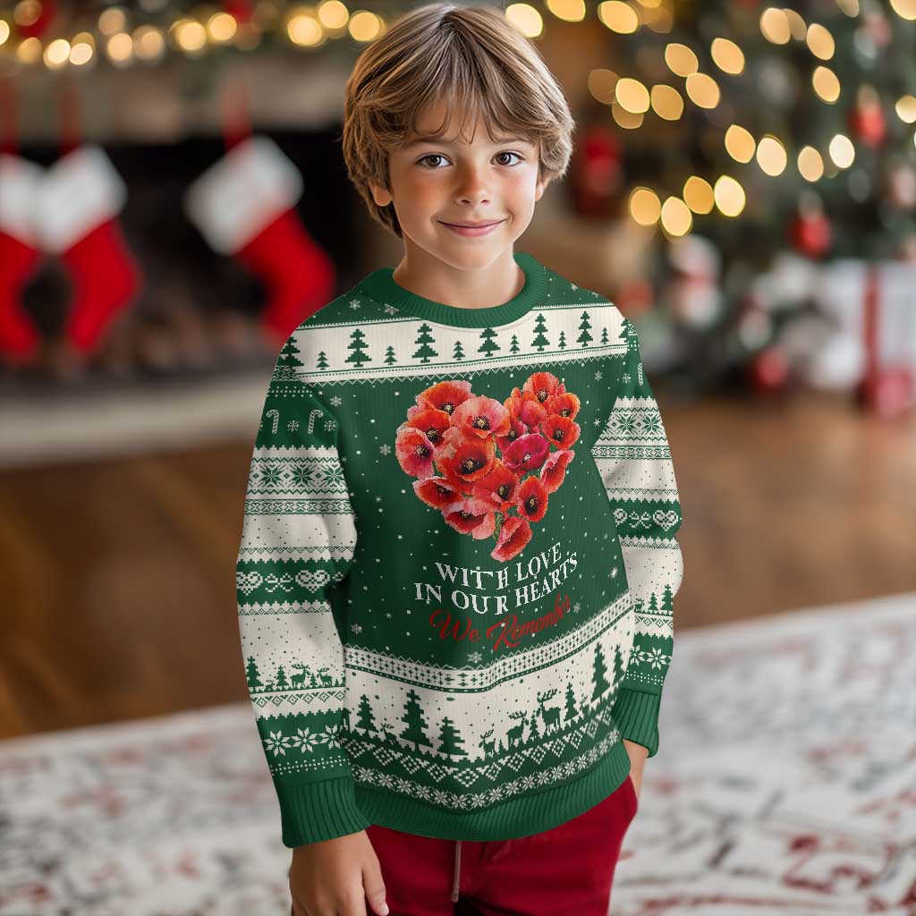 Memorial Day Ugly Christmas Sweater With Love In Our Hearts We Remember Red Poppy Flower TS11 Forest Green Beige Print Your Wear
