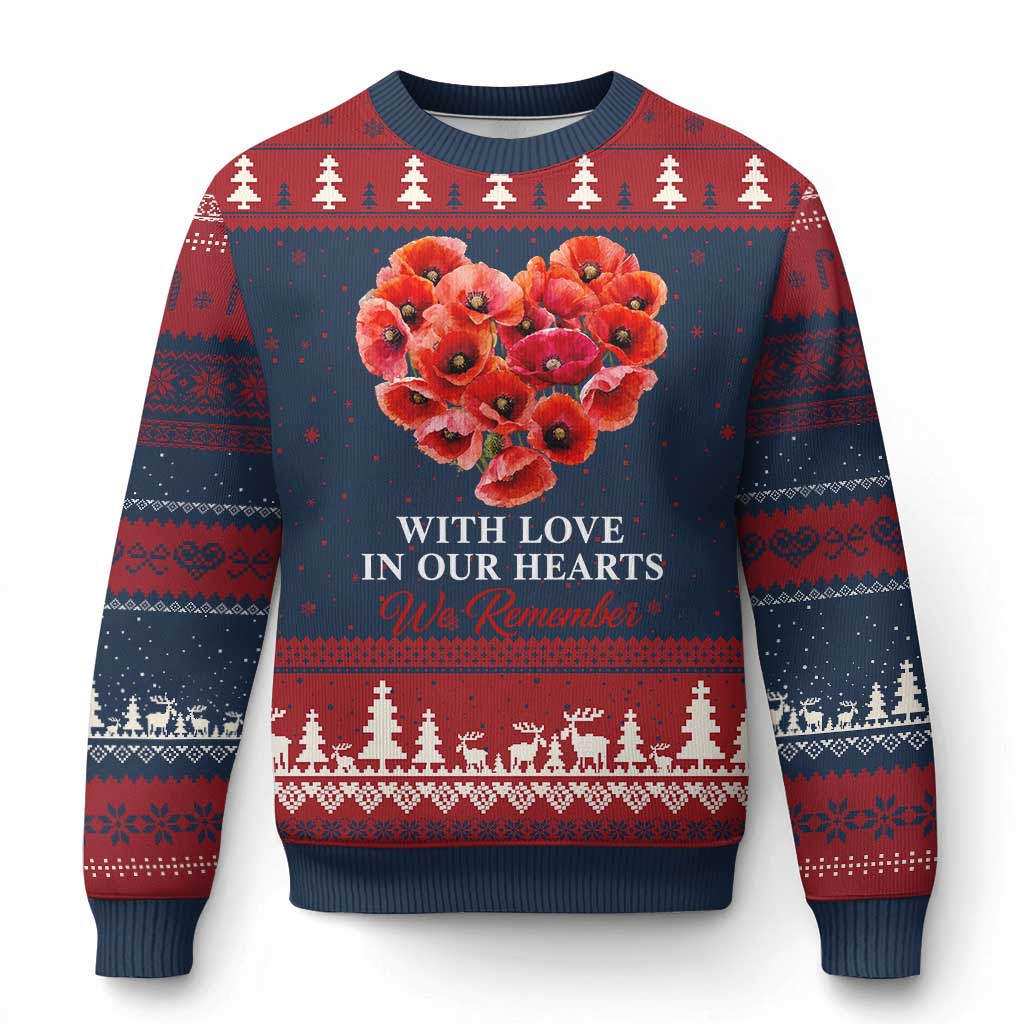 Memorial Day Ugly Christmas Sweater With Love In Our Hearts We Remember Red Poppy Flower TS11 Navy Red Print Your Wear