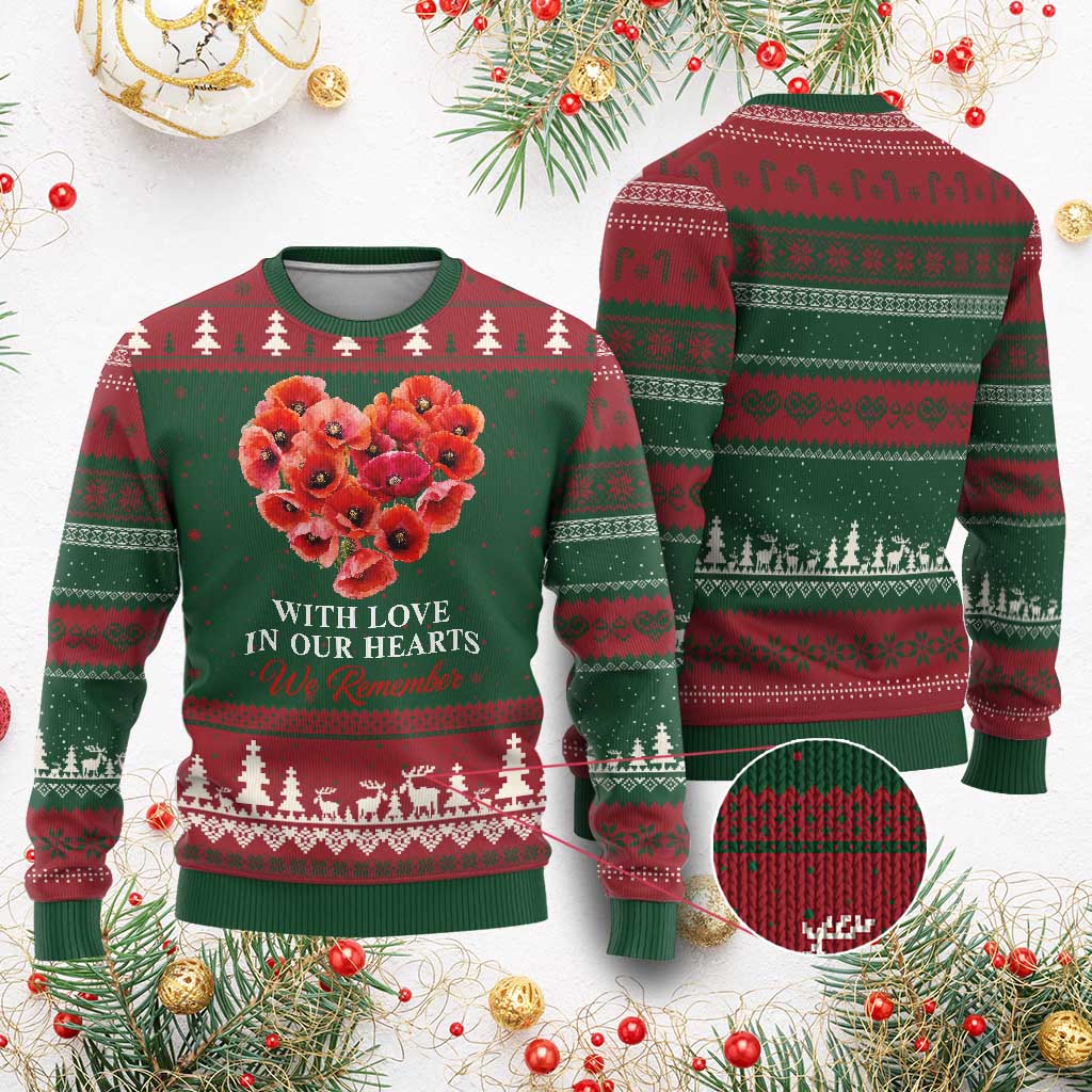Memorial Day Ugly Christmas Sweater With Love In Our Hearts We Remember Red Poppy Flower TS11 Red Green Print Your Wear