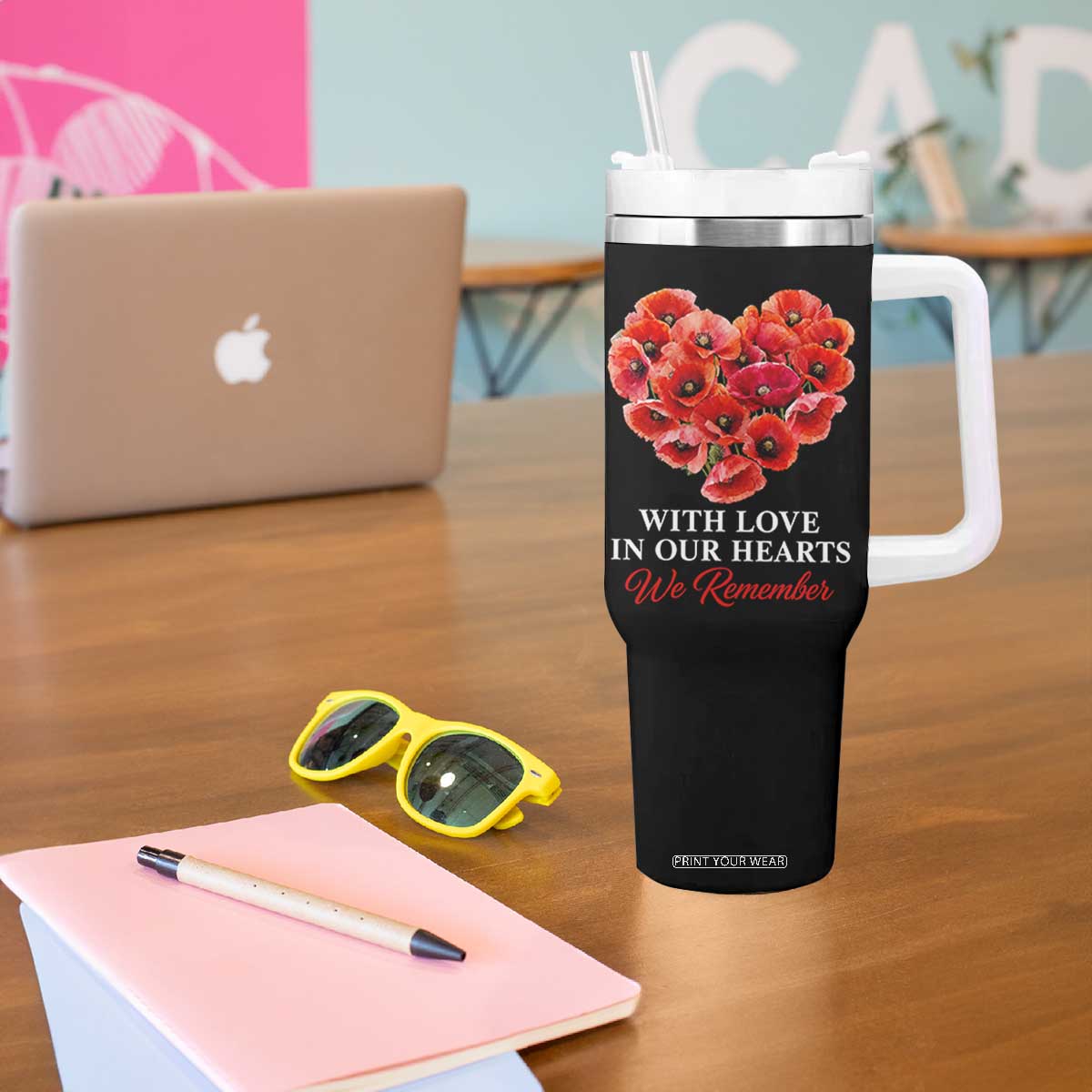 Memorial Day Tumbler With Handle With Love In Our Hearts We Remember Red Poppy Flower TS11 Print Your Wear