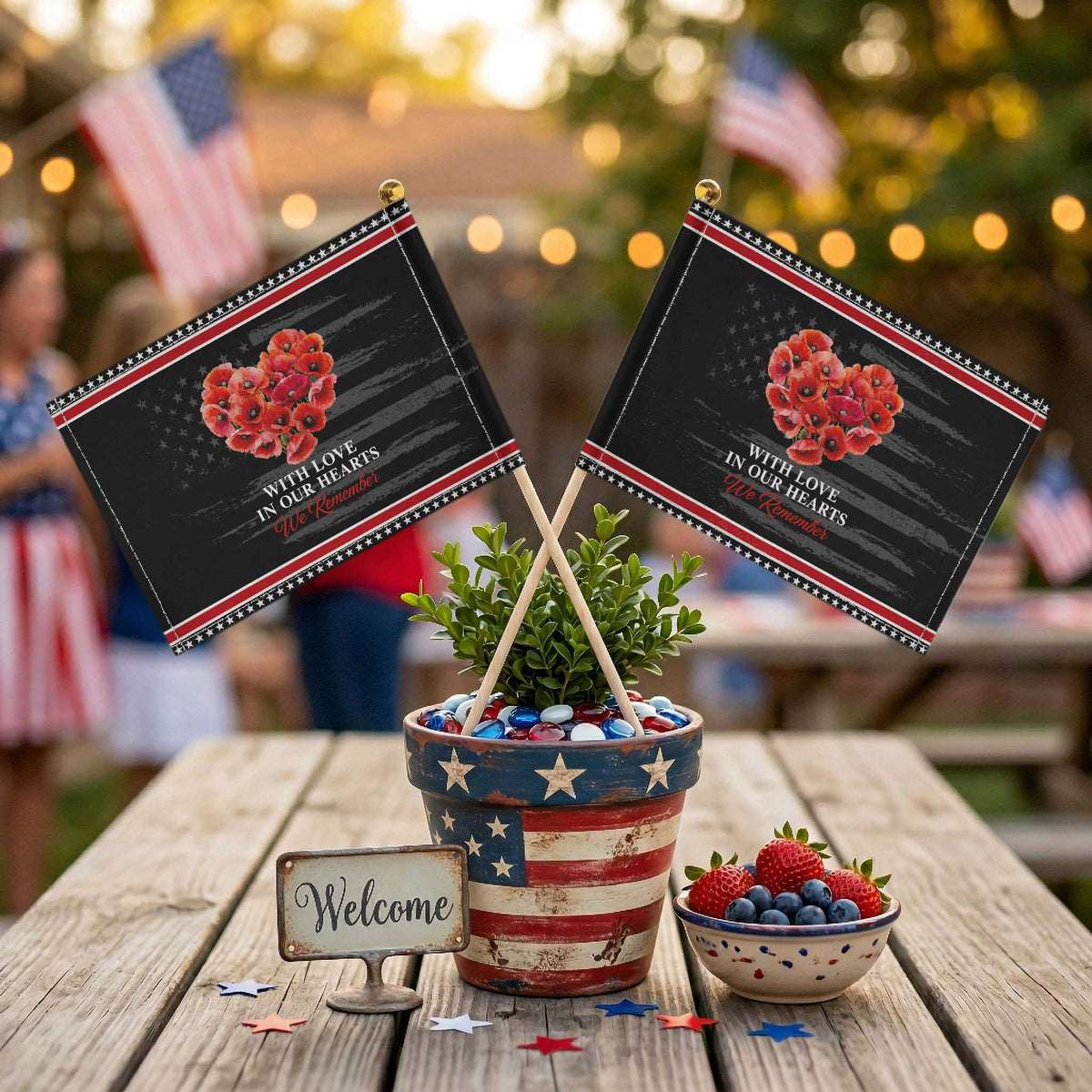 Memorial Day Patriotic Handheld Flag With Love In Our Hearts We Remember Red Poppy Flower TS11 Distressed 8.2
