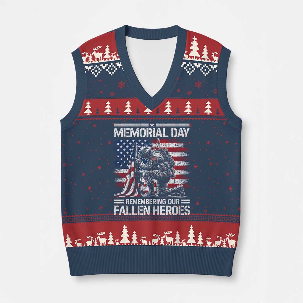 Memorial Day V-Neck Knit Sweater Vest Remembering Our Fallen Heroes Veteran Day American Flag TS11 Navy Red Print Your Wear